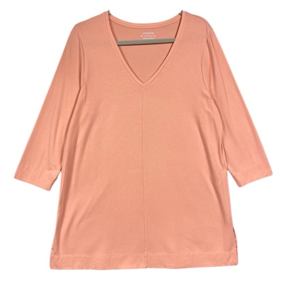 Chicos Center-Seam 3/4 Sleeve Knit Tunic Top Sz 2 L Pima Cotton Blend - Picture 1 of 6